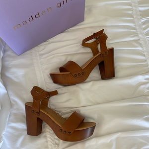 Madden Girl Wooden Cognac Leather Sandals